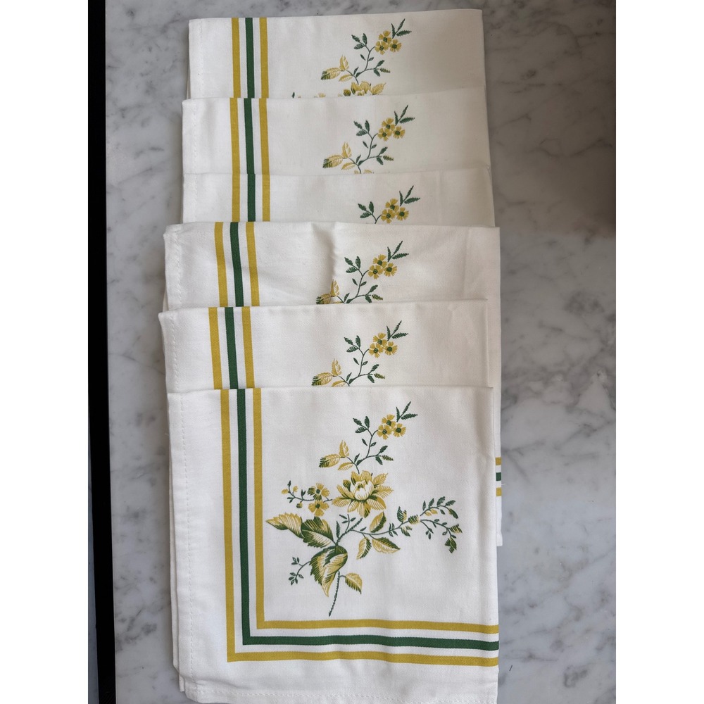 Vintage Set of 6 Floral Cloth Napkins White Yellow Green Striped Border 16x16